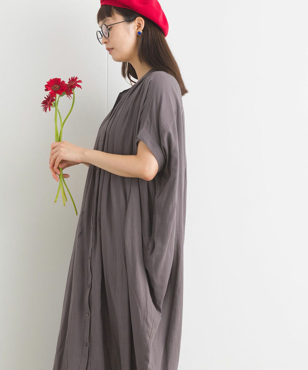 日本女裝代購 - 100%印度棉 文藝感排扣五分袖洋裝-米白