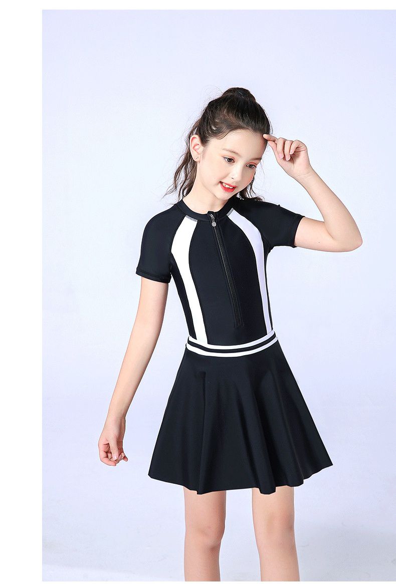 運動風短袖連身泳裝-裙子款-粉+藍