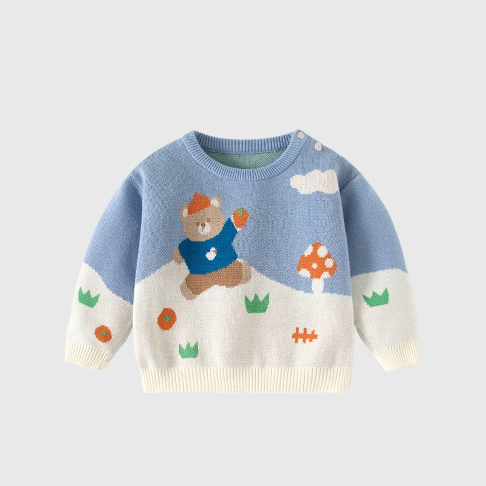 純棉圓領針織長袖上衣-歡樂小熊-拼色藍