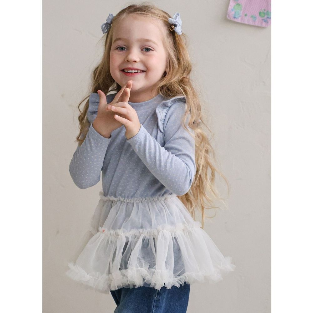 Puellaflo 甜心抓褶飛袖拼接紗裙迷你洋裝-天藍