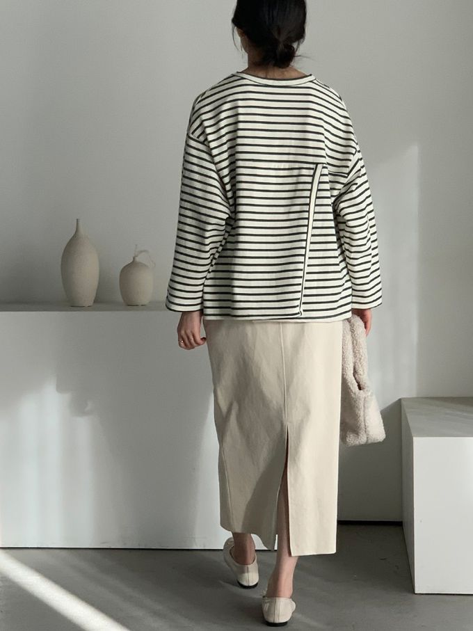 韓國女裝連線 - 不對稱後開衩條紋長袖上衣-墨綠 (FREE)