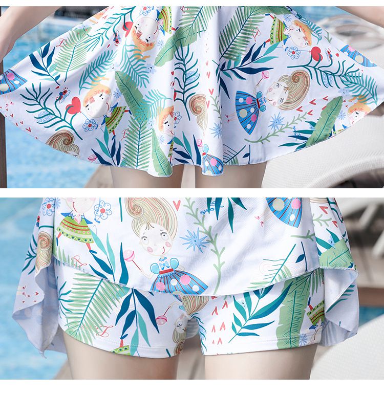 甜美修身顯瘦遮肉連身裙泳衣-潑墨幾何-藍色