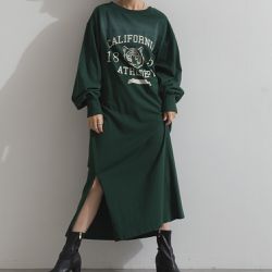 日本 Lupilien - 帥氣老虎印花側開叉長袖洋裝-濃綠