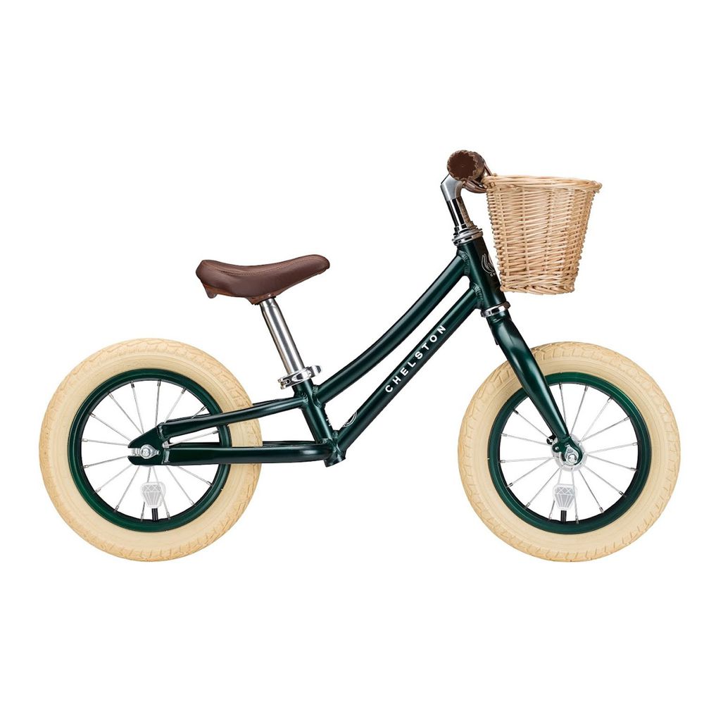Chelston bikes - Mini Dutch 復古滑步車-英國賽車綠(消光)-滑步車 x 1 , 手工編織竹籃 x 1 , 麻料內襯  x 1 , 3 歲以下專用ABS氣嘴蓋 x 1