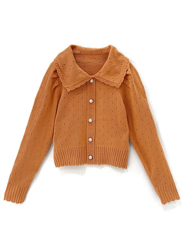 日本 GRL - 浪漫花朵領珍珠釦針織上衣-知性黑