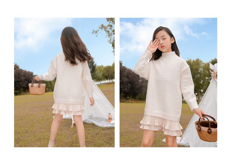 長款拼接針織連身裙-米白