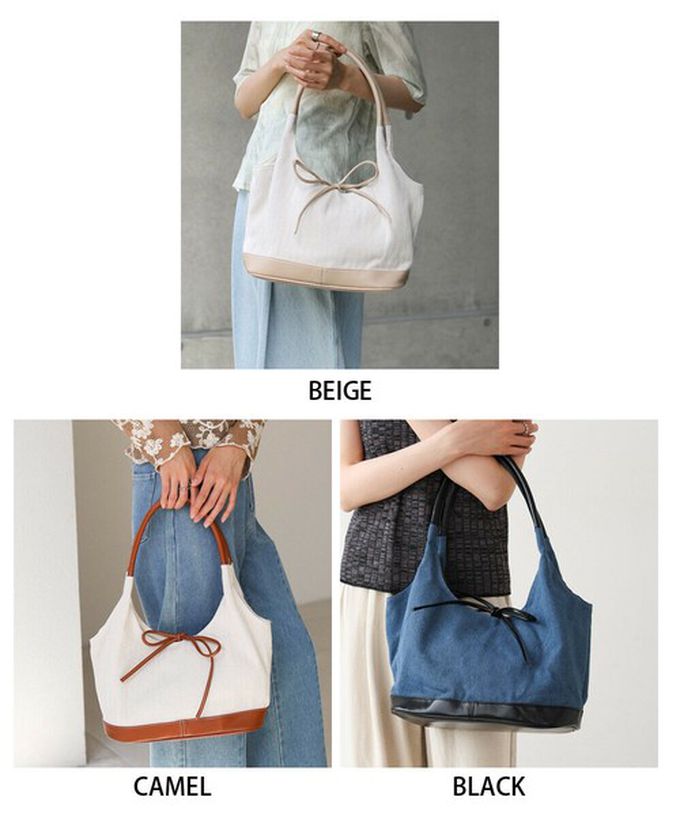 日本 Bab - 異素材成熟感蝴蝶結氣質手提包-白x卡其杏