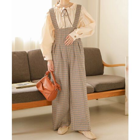 日本 Bab - 文藝少女歐風吊帶褲-格紋-卡其