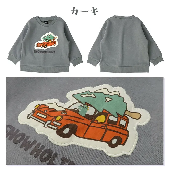 日本 ZOOLAND - 裏起毛 立體貼布印花長袖上衣-聖誕樹車車-灰綠