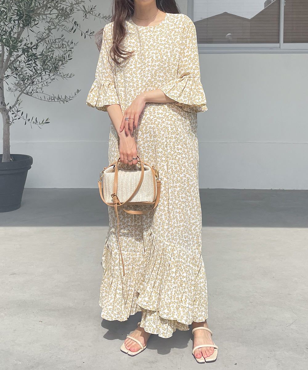 日本 Bab - 圓領碎花糖果袖洋裝-奶油白