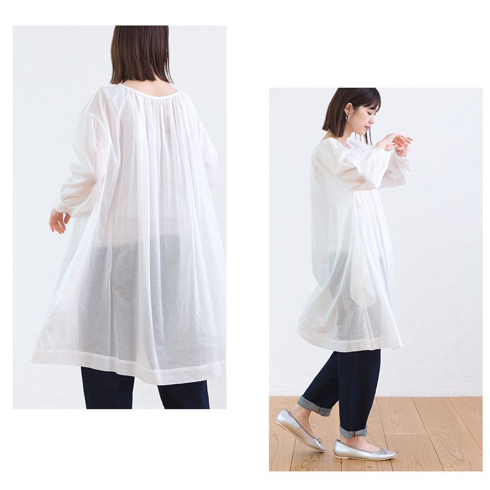 日本 OMNES - 微透膚圓領落肩長袖洋裝-白