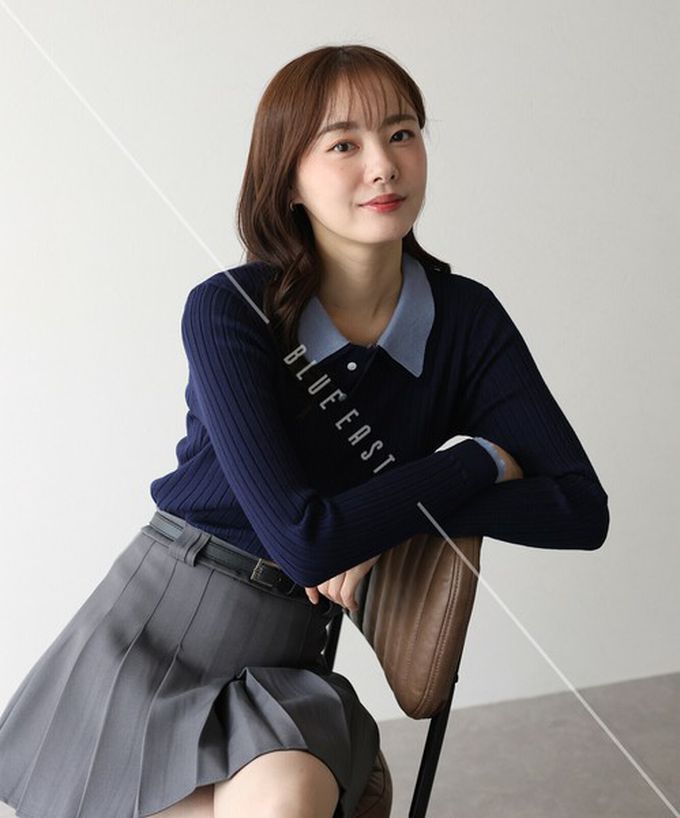 日本 BLUE EAST - 撞色雙層領針織polo長袖上衣-深灰x粉紅 (M)