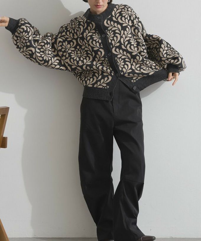 日本 Lupilien - 盛開花卉針織寬袖開襟衫/外套-橄欖綠