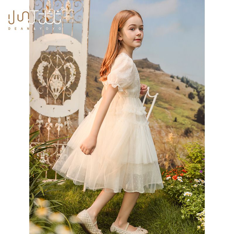 Little Deeyoo - 方領公主袖網紗蛋糕連身洋裝-米白色