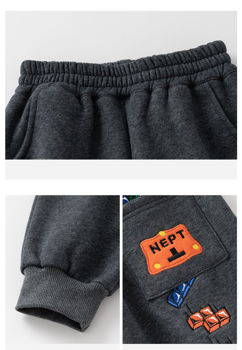 薄絨腰鬆緊休閒保暖束口長褲-俄羅斯方塊-深灰色