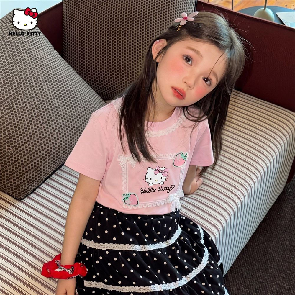 蕾絲花邊蝴蝶結短袖上衣-卡通人物Hello Kitty-粉色