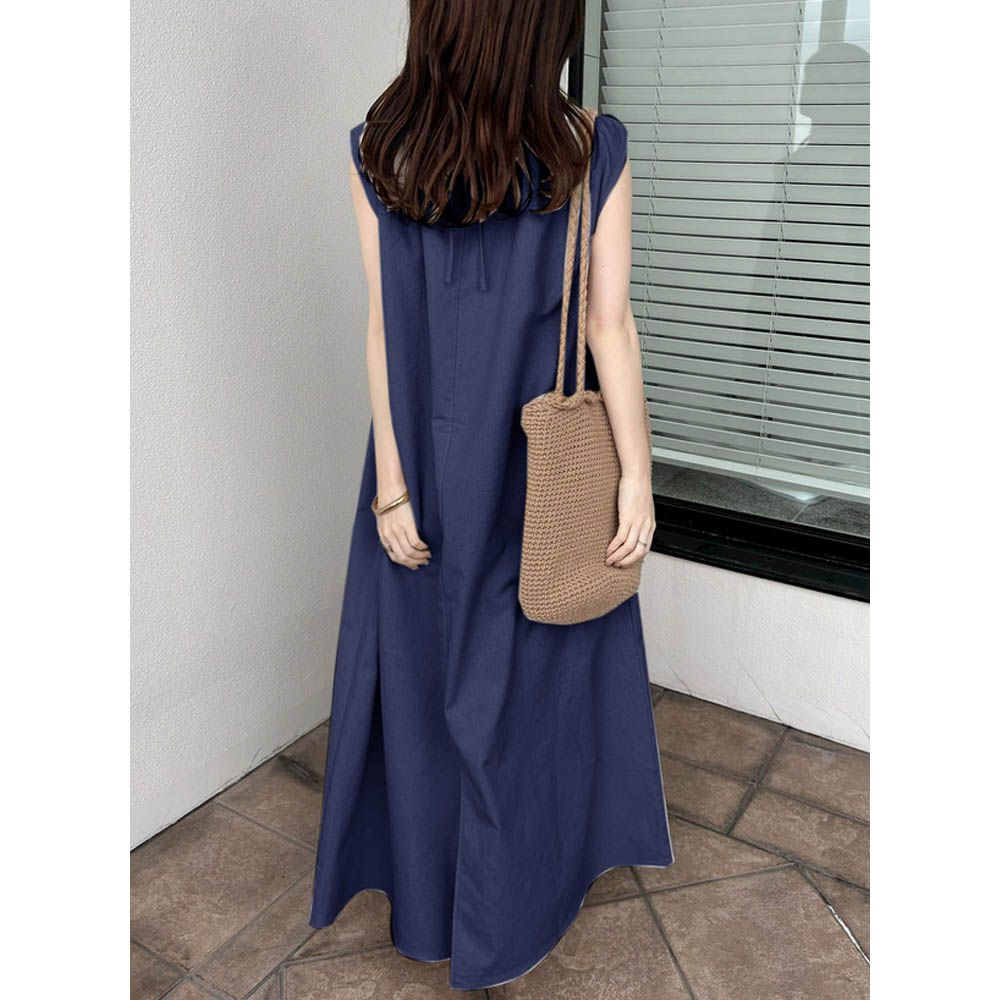 領口皺折清新休閒無袖洋裝-海軍藍 (F)