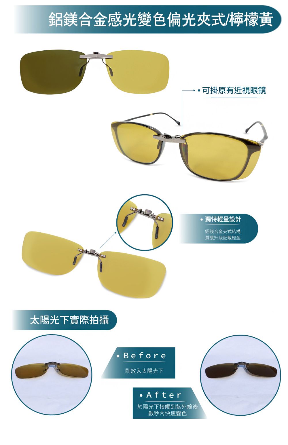 ALEGANT - 檸檬黃鋁鎂合金夾式結構感光變色夜視防眩光寶麗來偏光太陽眼鏡│UV400墨鏡車用夾片│外掛夾式鏡片