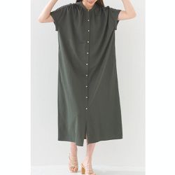日本 OMNES - 接觸涼感 氣質金釦襯衫式短袖洋裝-濃綠