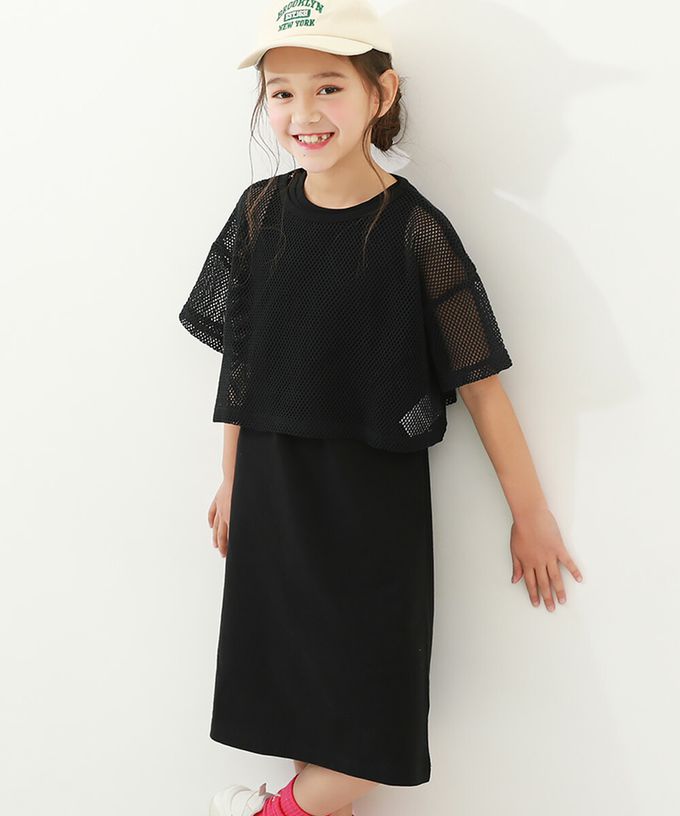 日本 devirock - 時尚女孩網格上衣+素色背心裙二件組-黑