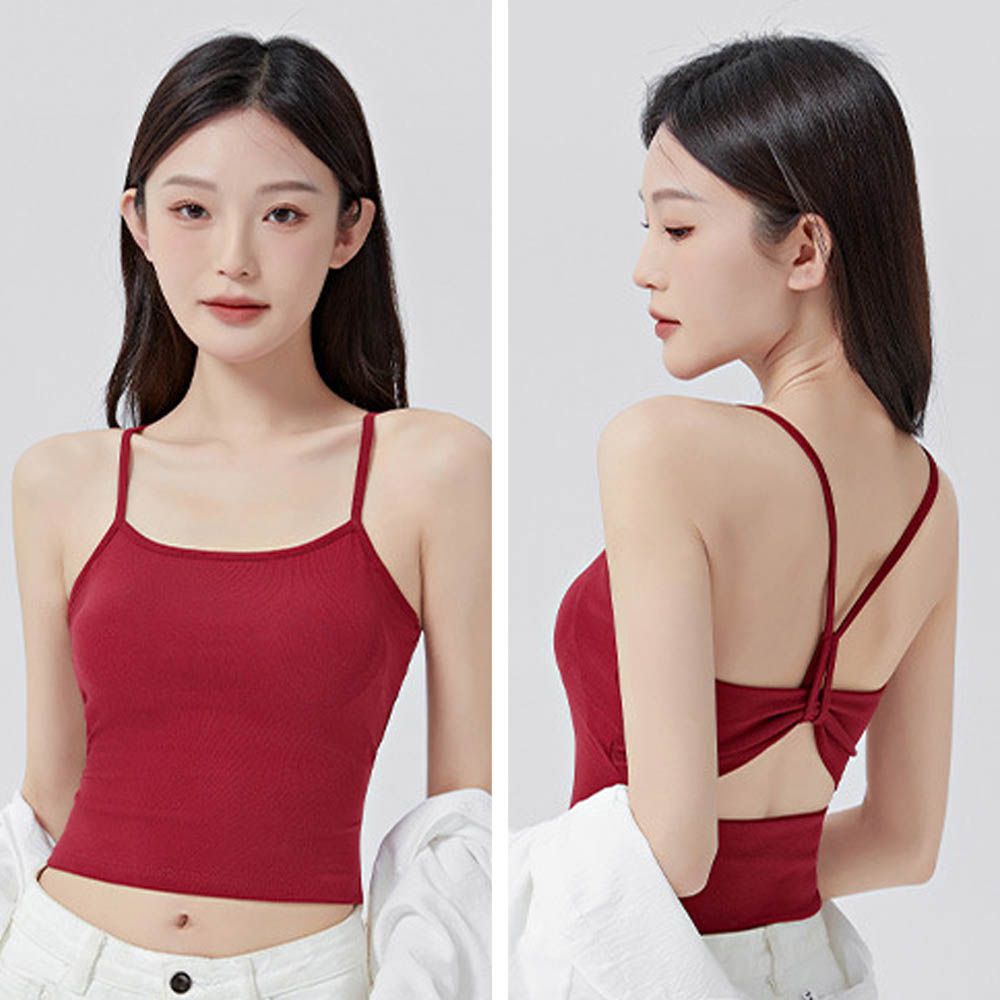 細肩帶簍空美背中短版BRA TOP/附罩杯上衣-酒紅