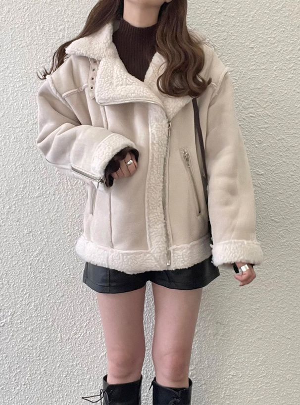 日本 GRL - 羊羔絨拼接寬版騎士夾克/外套-粉紫