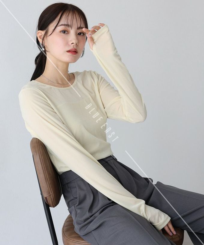 日本 BLUE EAST - 透明感光澤絨面船領長袖上衣-(指孔設計)-靛藍