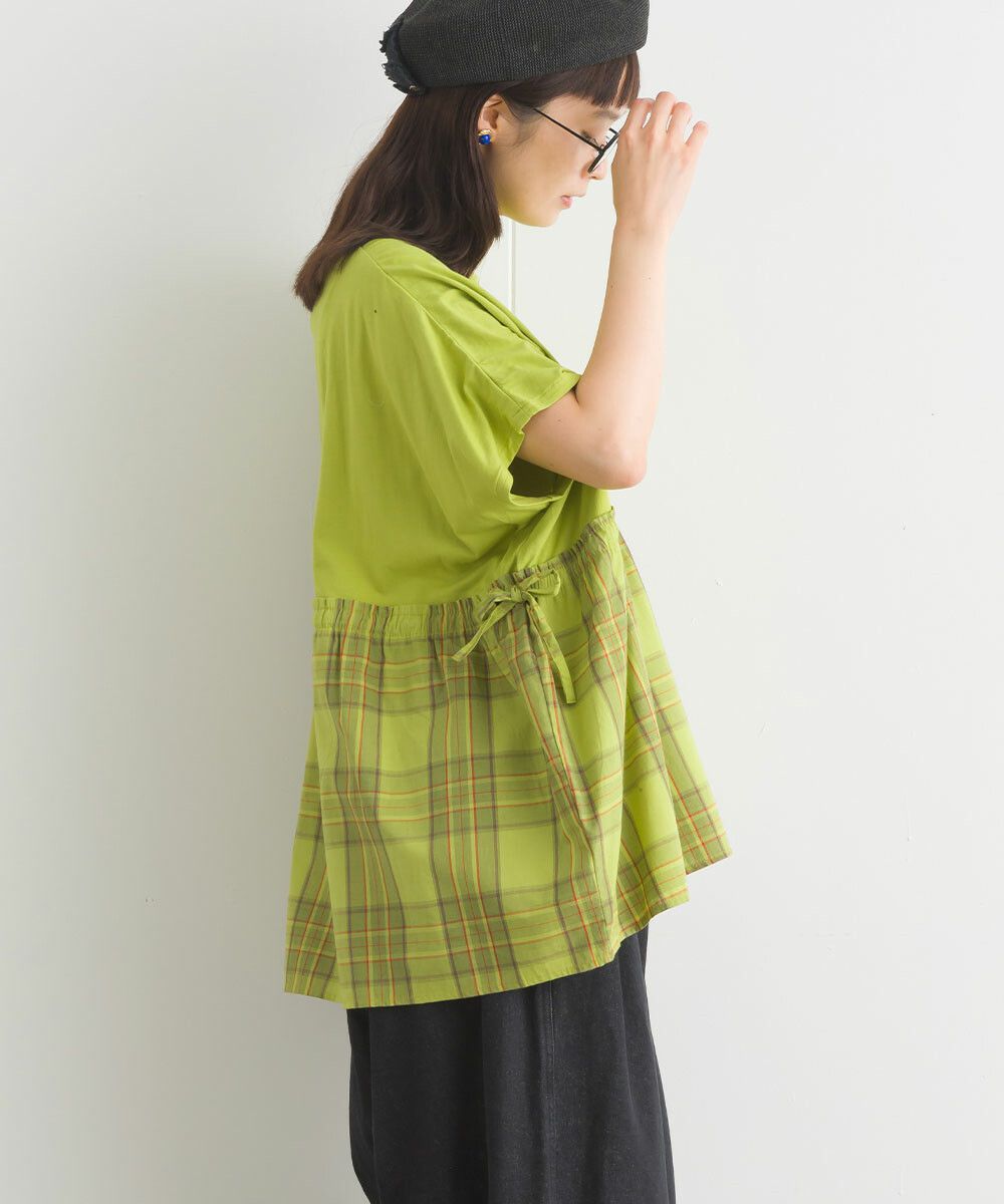 日本女裝代購 - 清新側綁帶拼接短袖上衣-卡其格紋