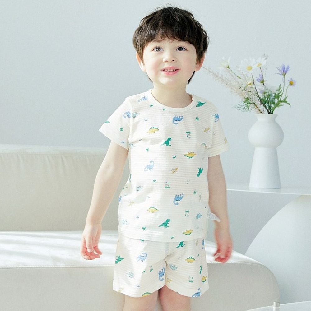 透氣條紋提花棉短袖家居服-迷你恐龍世界-米