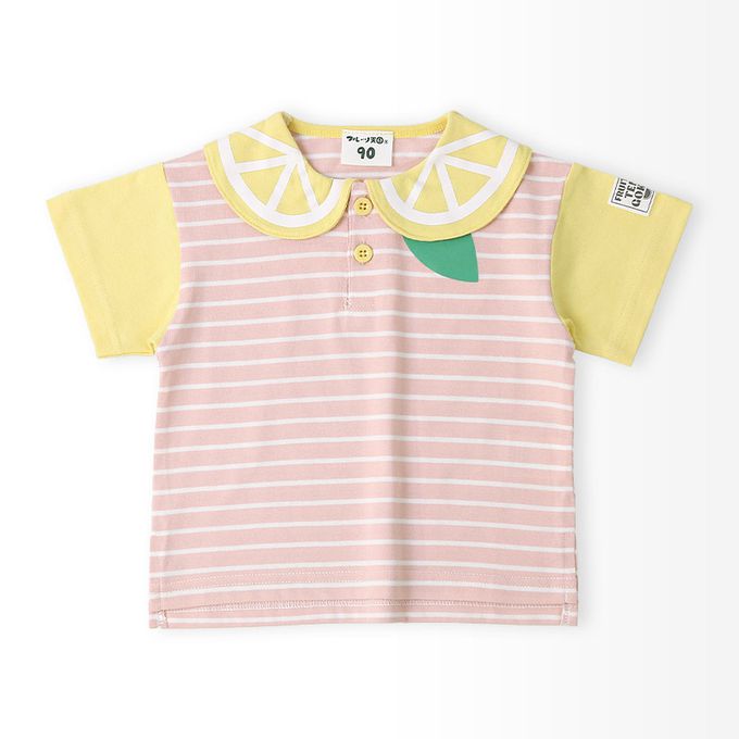 日本 ZOOLAND - 水果造型領天竺棉短袖上衣-檸檬條紋-粉紅x白