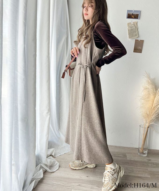 日本 Classical Elf - 秋冬感百搭花呢細肩帶傘狀洋裝-奶茶灰