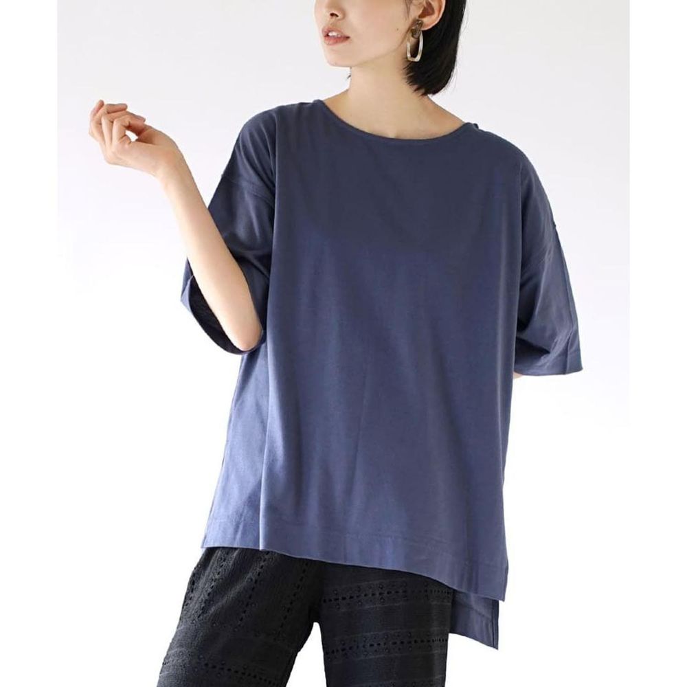 日本 zootie - Design+ 修身遮臀寬版百搭五分袖上衣-煙燻藍