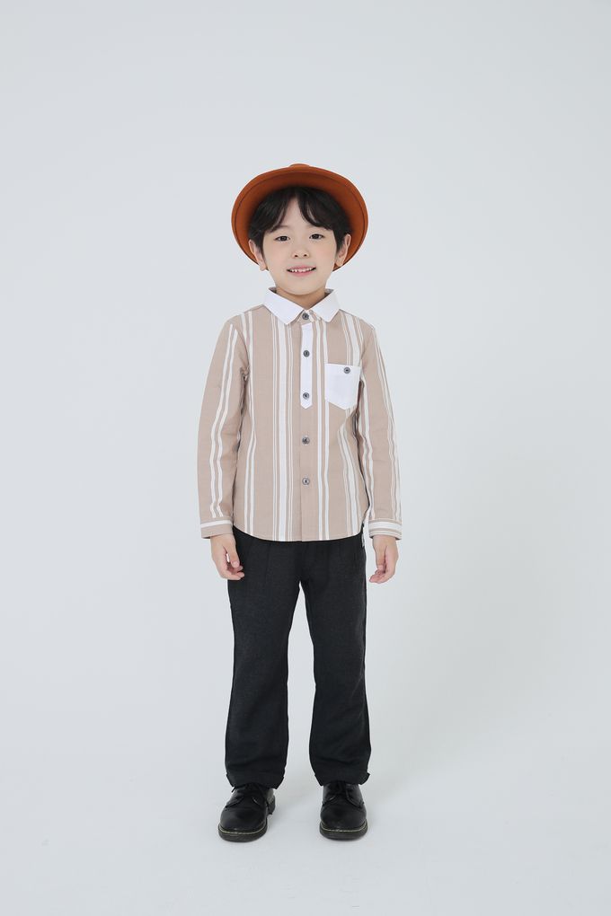 韓國 Coco Bang - 間隔條紋小口袋翻領長袖襯衫-灰