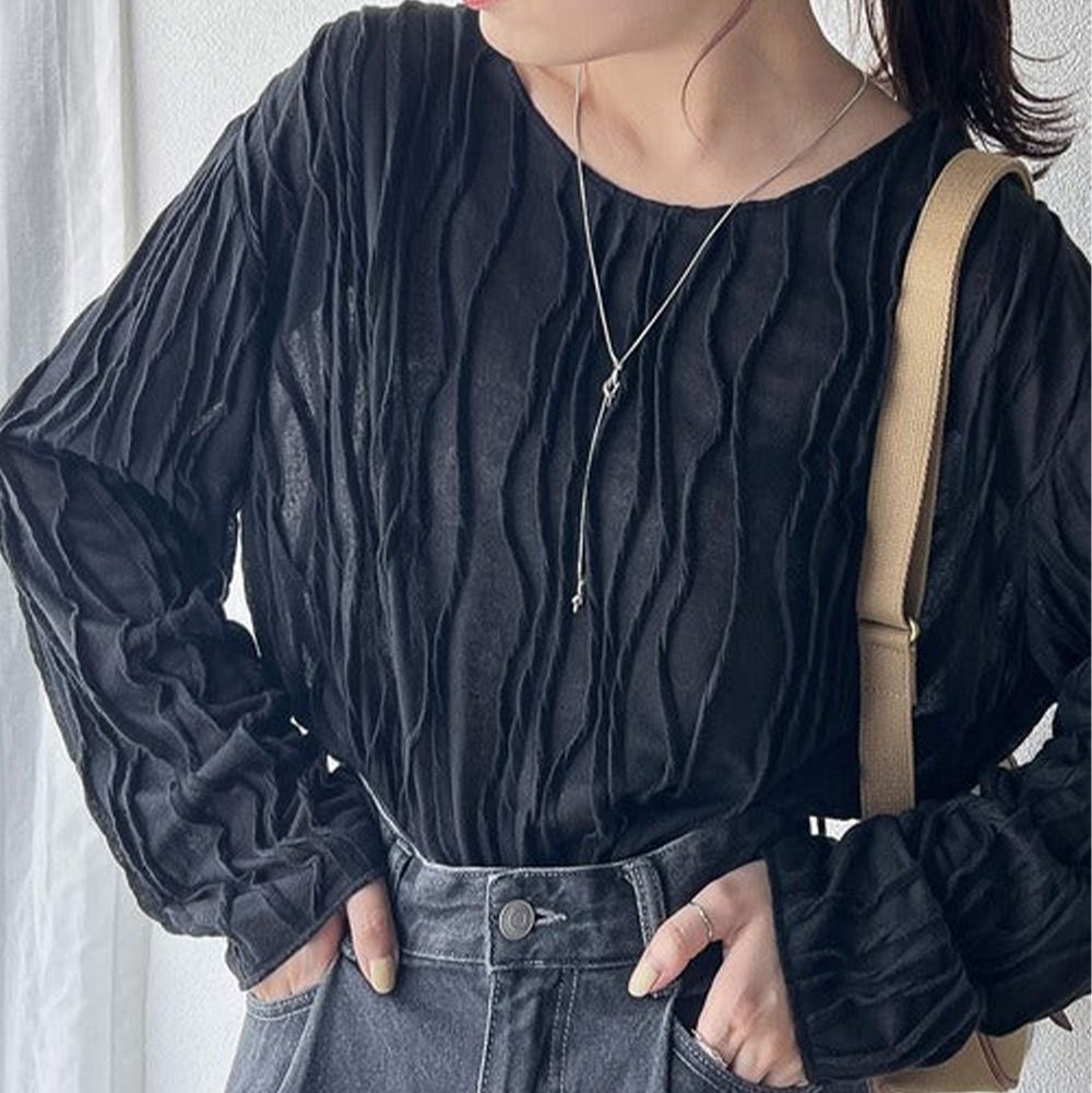 圓領波紋透感長袖上衣-黑