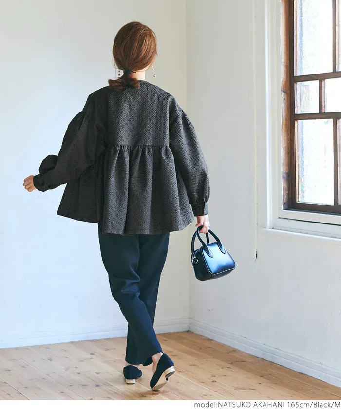 日本 COCA - 優雅緹花氣球袖薄外套-淺灰