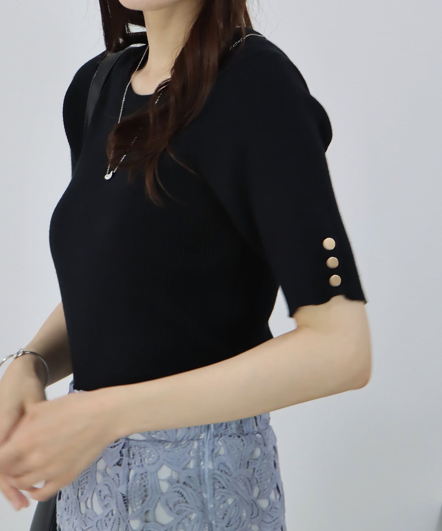 日本 BLUE EAST - 圓領金釦羅紋短袖上衣-白