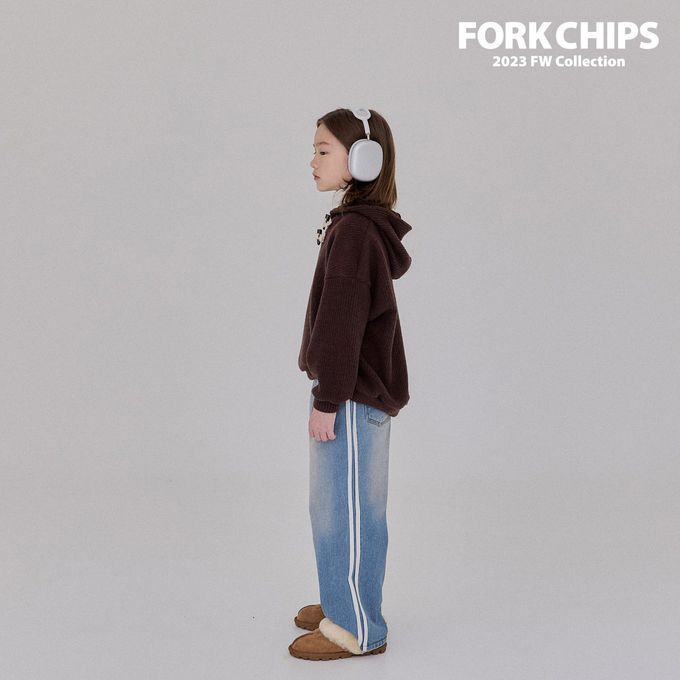 韓國 FORK CHIPS - (內磨毛)鬆緊腰雙線條點綴牛仔長褲-藍