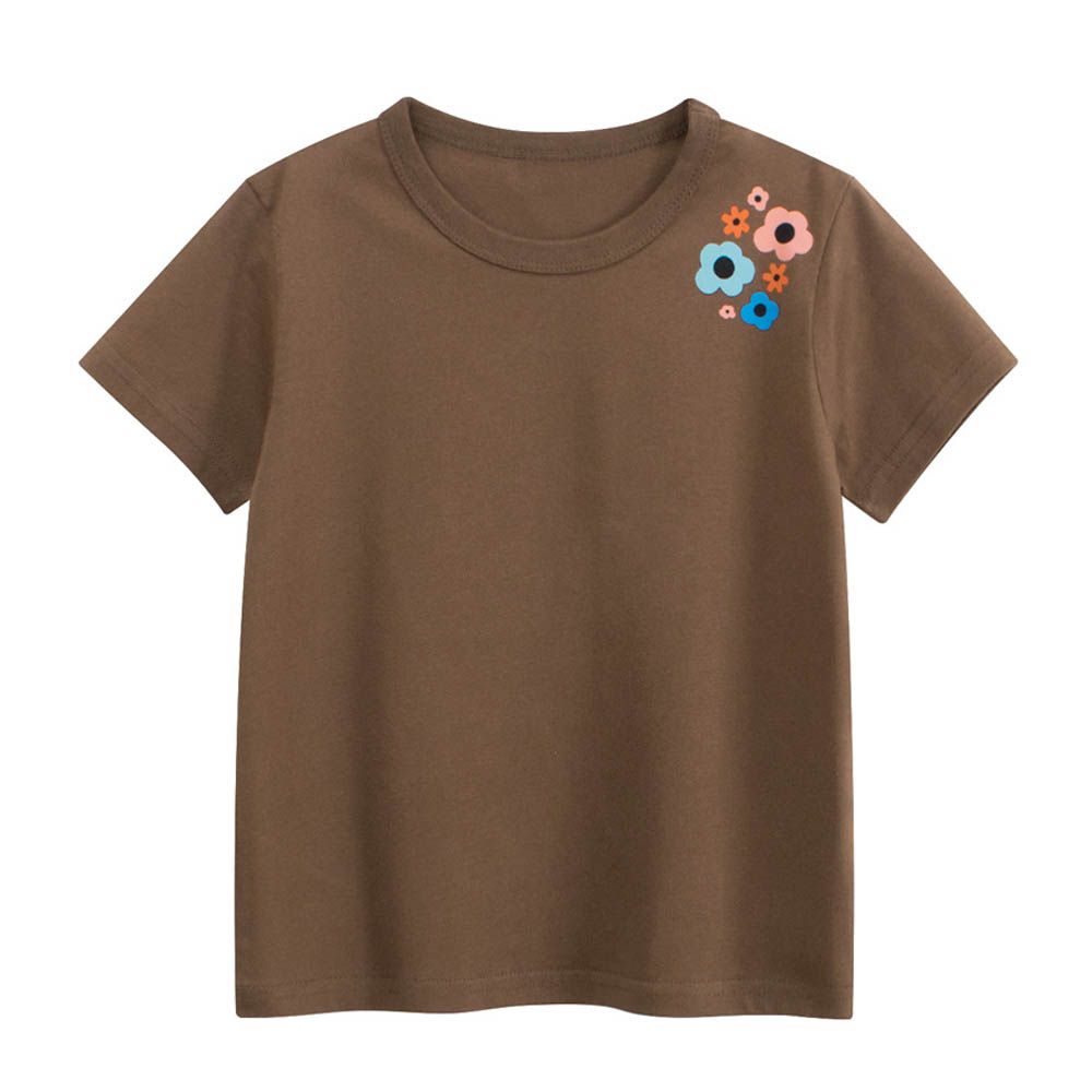 純棉短袖上衣-肩上小花-咖啡色