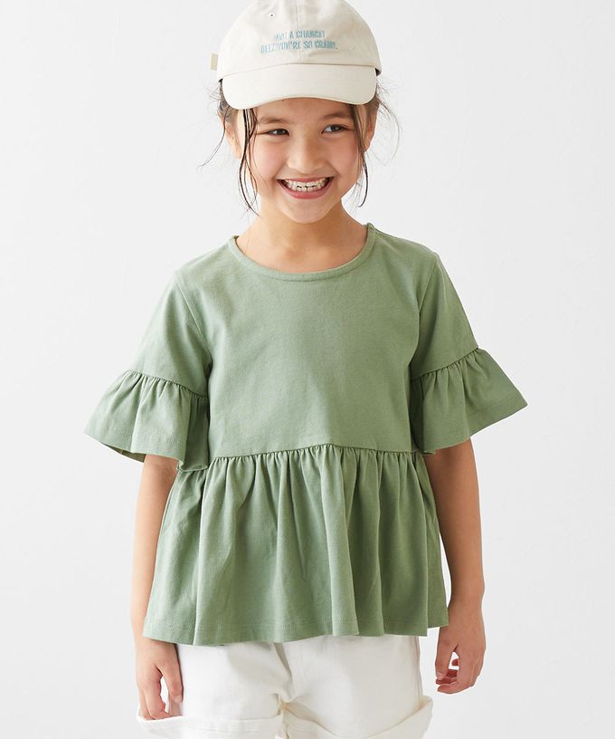 日本 devirock - 寬鬆圓領荷葉五分袖上衣-黑灰