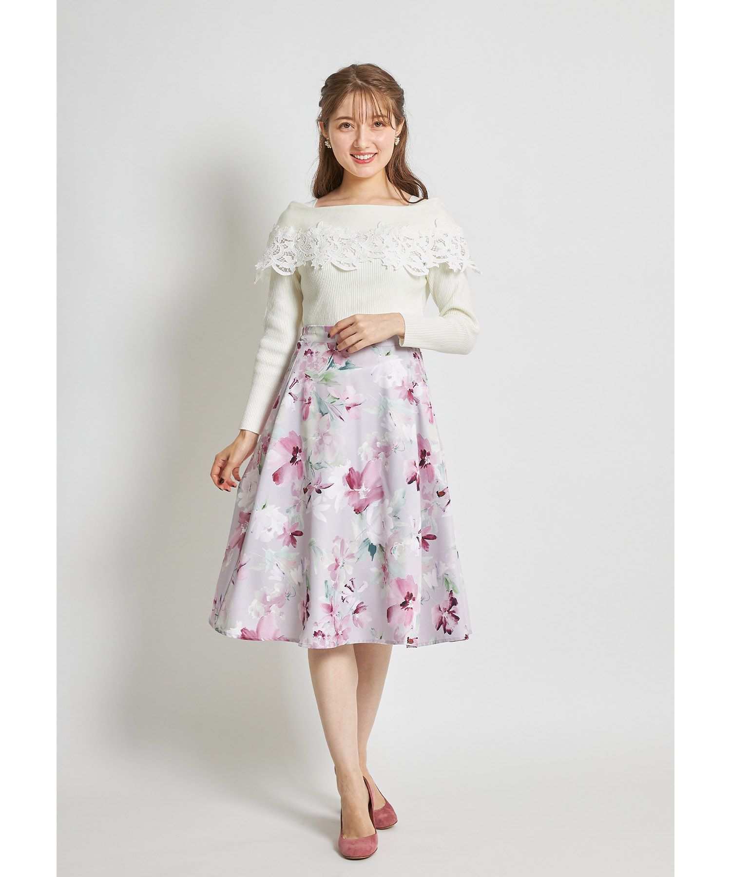 日本 tocco-closet - 氣質蕾絲拼接針織上衣-天使白