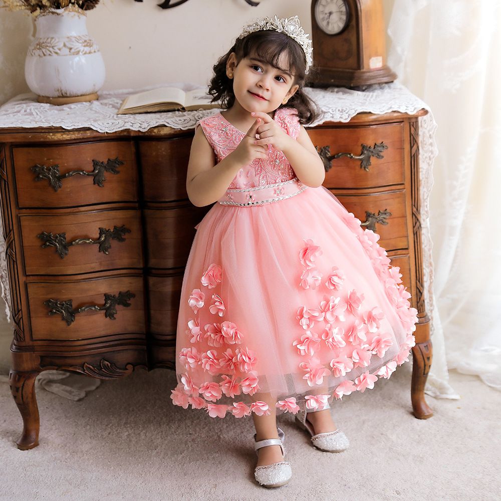 刺繡蕾絲網紗公主裙-立體花花-粉色