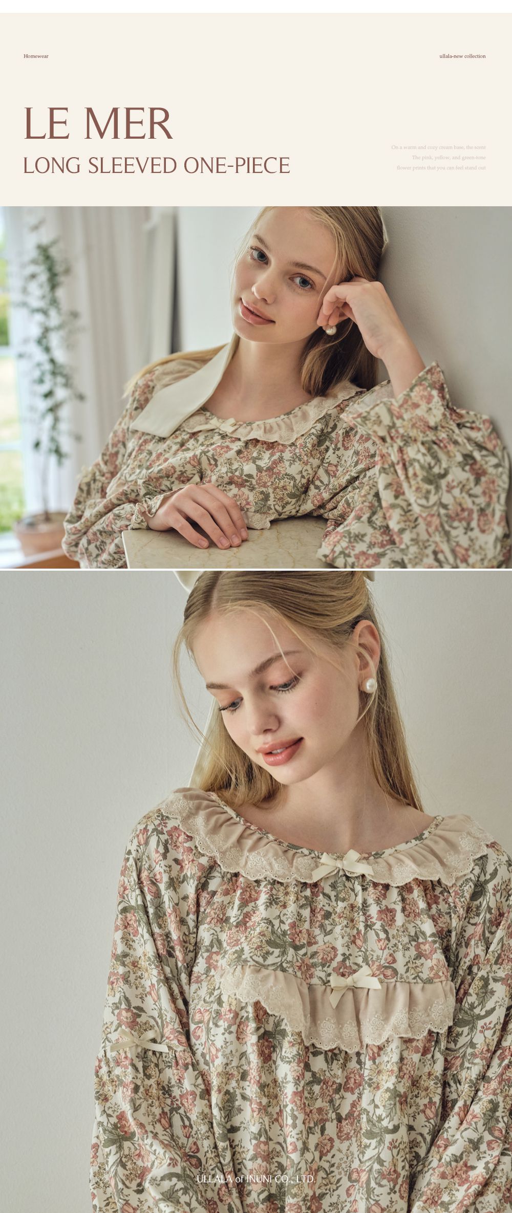 韓國 ULLALA - 絕美公主純棉長袖睡衣-(洋裝式)-奶油色 (FREE)