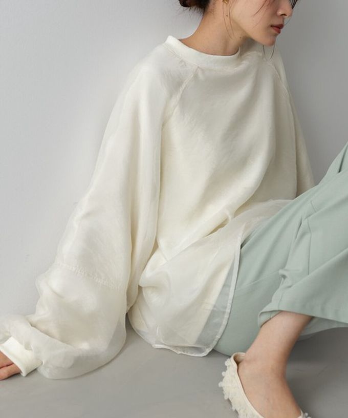 日本 Bab - 熱銷經典 薄紗層次裏毛長袖上衣-淺灰