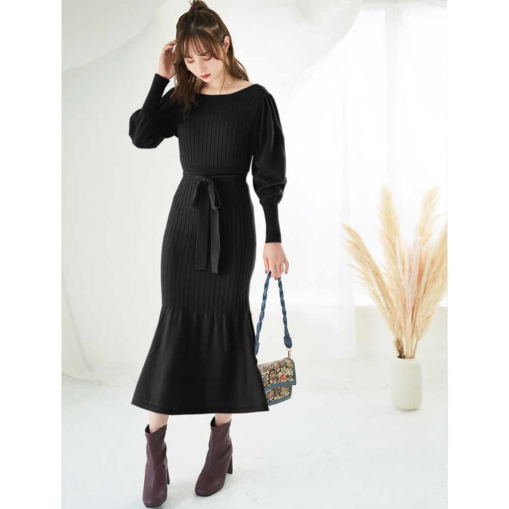 日本 GRL - 羅紋魚尾設計針織長袖洋裝-時尚黑