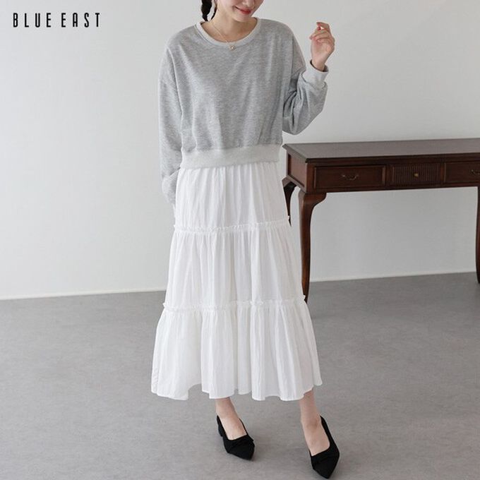 日本 BLUE EAST - 俏麗假二件分層澎盈長袖洋裝-淺灰 (M)