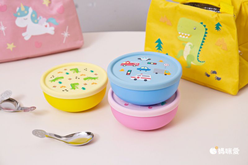 KOM - 台灣製316不鏽鋼兒童隔熱碗(附匙)-恐龍-黃-矽膠上蓋