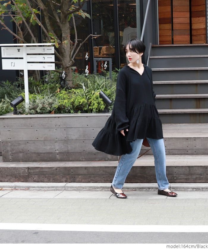 日本 COCA - 超寬鬆三層蛋糕前短後長長袖上衣-黑