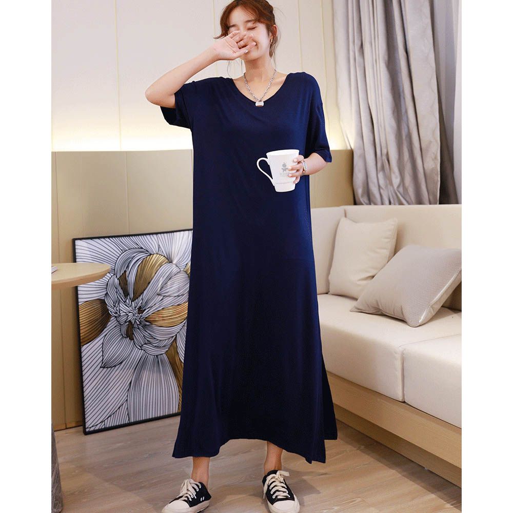 涼感莫代爾短袖Bra長洋裝-落肩寬鬆版-藏青色
