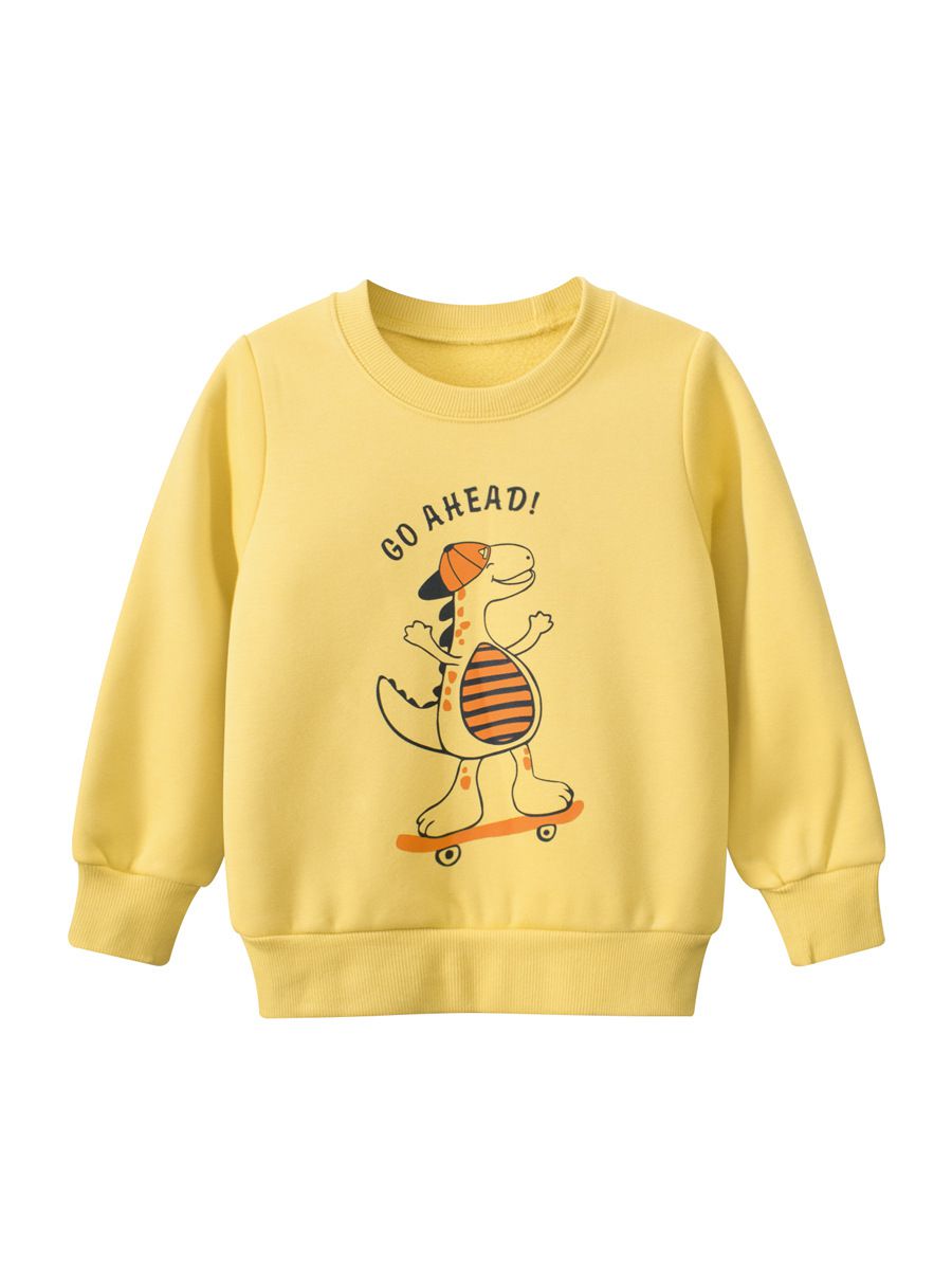 加絨棉質圓領長袖上衣/大學T-特技恐龍-黃色