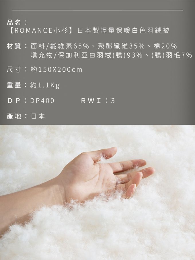 ROMANCE 小杉 - 日本製保加利亞輕量保暖白色羽絨被150x210cm